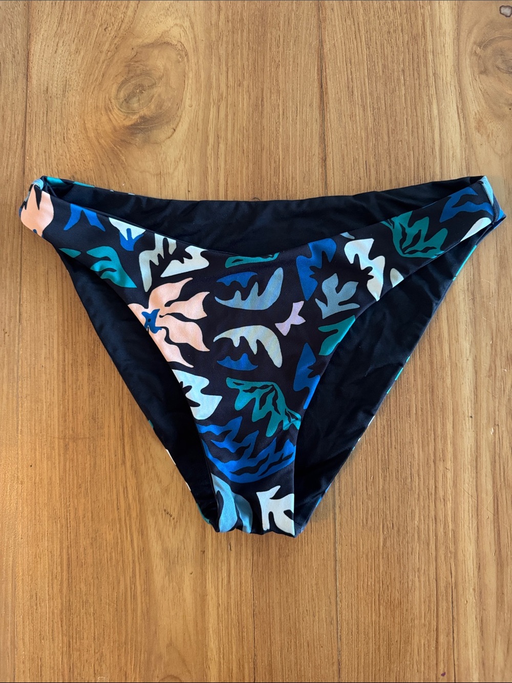 Patagonia Black Bikini Bottom with Blue, Teal & Light Pink Leaf Print